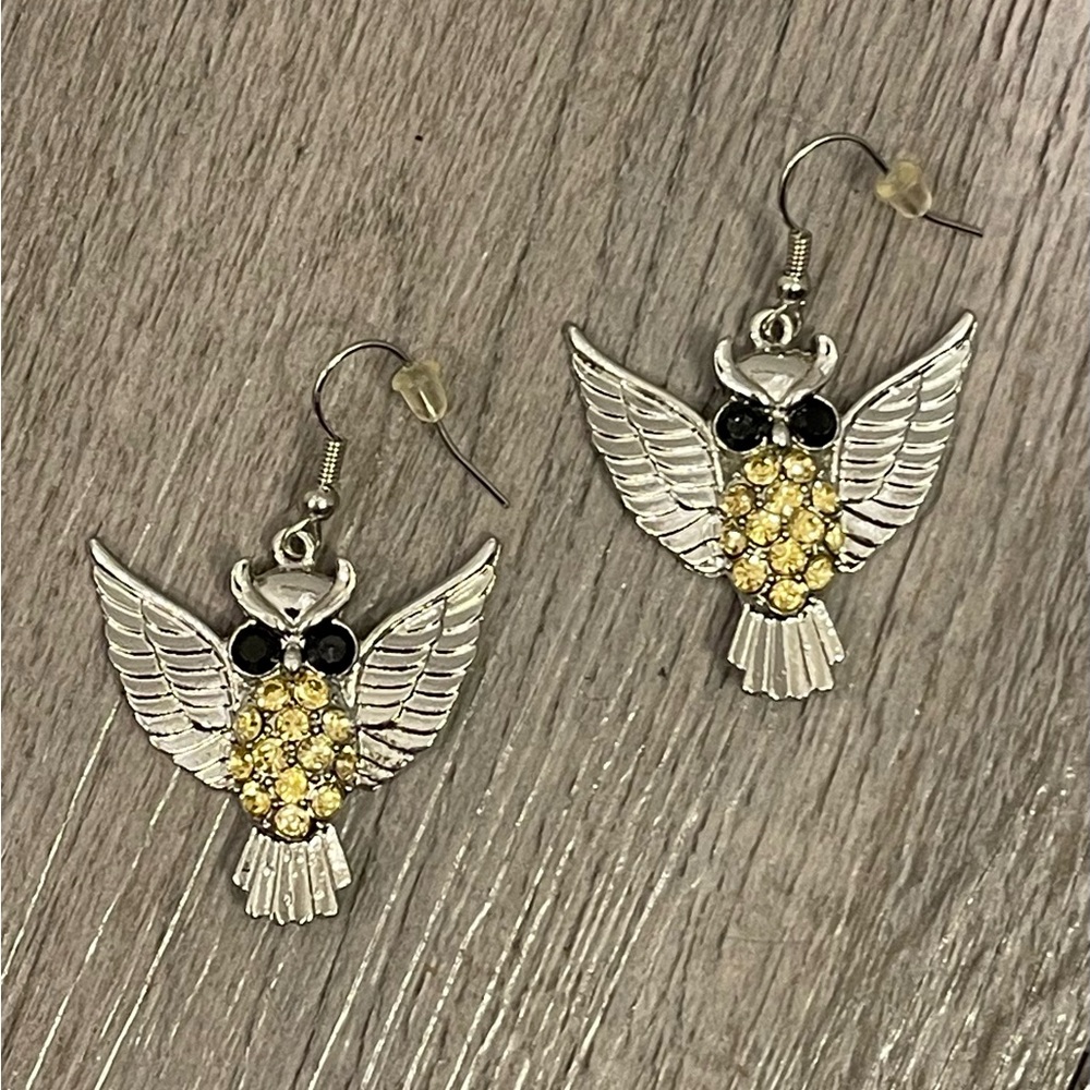 Gray & Yellow OWL, BIRD, Nature Lover Bohemian DANGLE EARRINGS, New